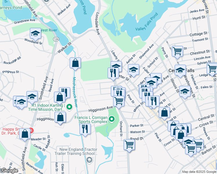 map of restaurants, bars, coffee shops, grocery stores, and more near 33 Cleveland Street in Central Falls