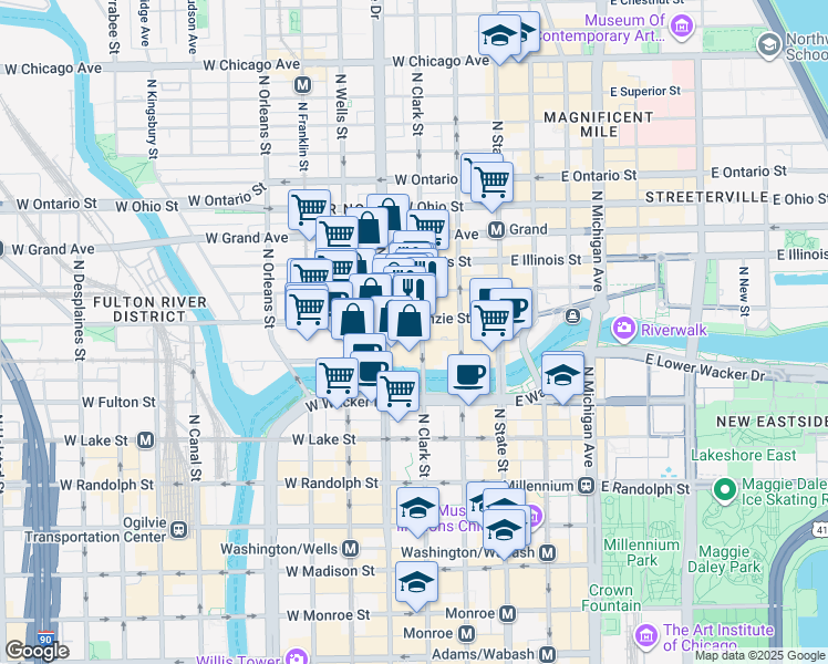 map of restaurants, bars, coffee shops, grocery stores, and more near 113 West Kinzie Street in Chicago
