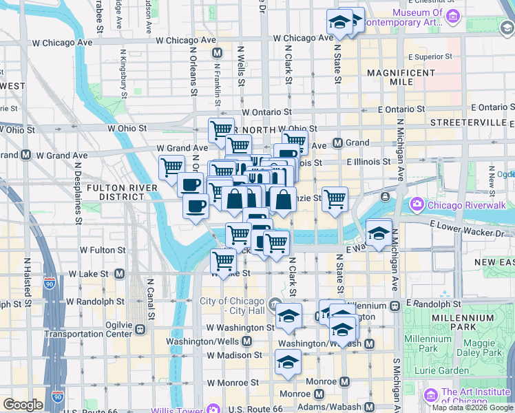 map of restaurants, bars, coffee shops, grocery stores, and more near 155 West Kinzie Street in Chicago