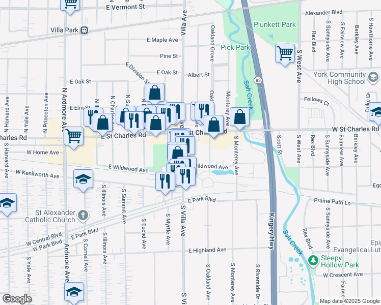 map of restaurants, bars, coffee shops, grocery stores, and more near 33 South Villa Avenue in Villa Park