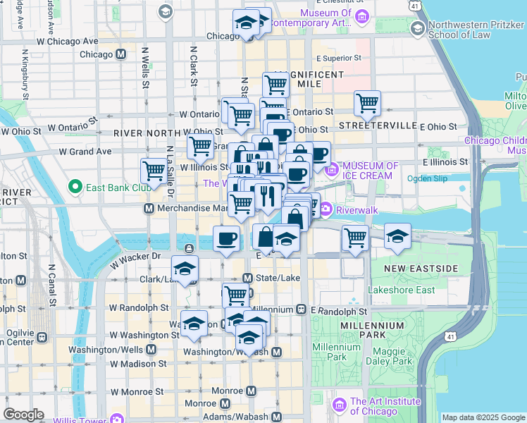 map of restaurants, bars, coffee shops, grocery stores, and more near 403 North Wabash Avenue in Chicago