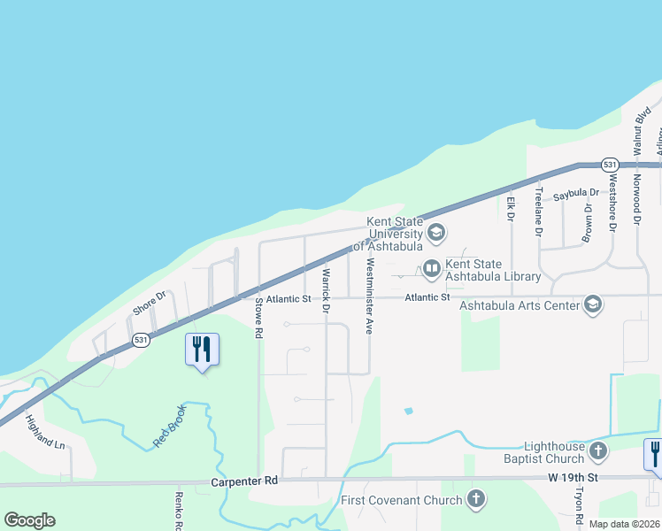 map of restaurants, bars, coffee shops, grocery stores, and more near 3808 Lake Road West in Ashtabula