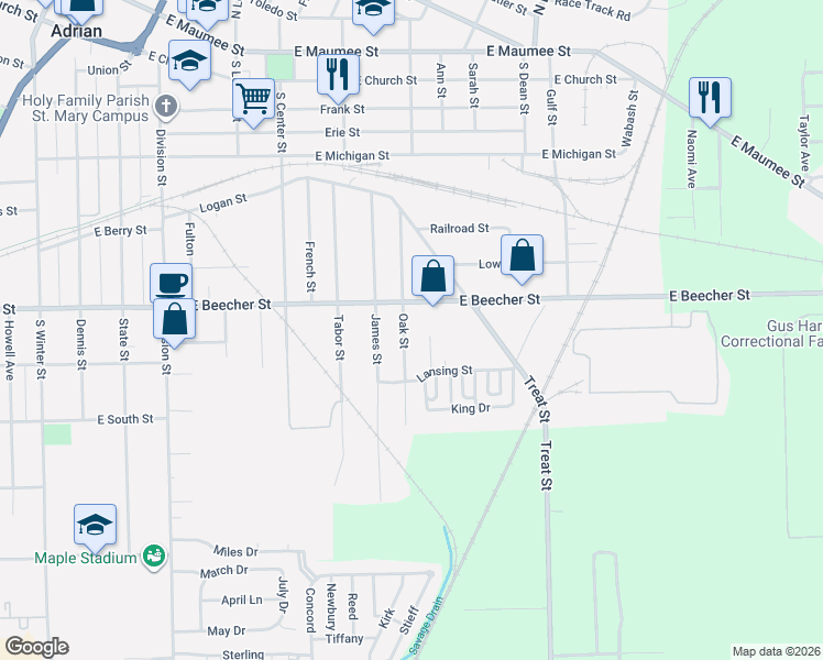 map of restaurants, bars, coffee shops, grocery stores, and more near 719 Oak Street in Adrian
