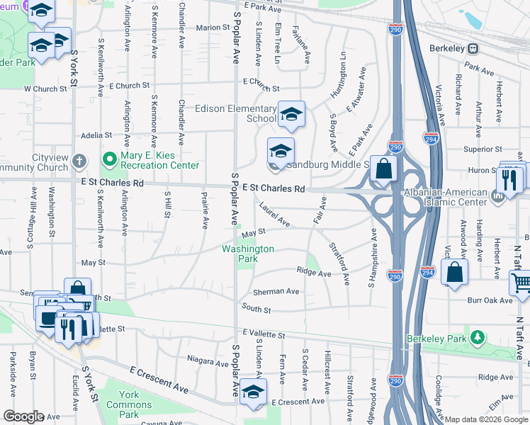 map of restaurants, bars, coffee shops, grocery stores, and more near 332 Laurel Avenue in Elmhurst
