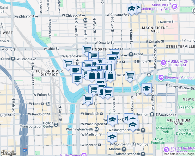 map of restaurants, bars, coffee shops, grocery stores, and more near 300 North La Salle Street in Chicago