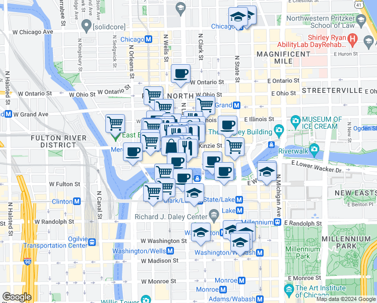 map of restaurants, bars, coffee shops, grocery stores, and more near 300 North La Salle Street in Chicago