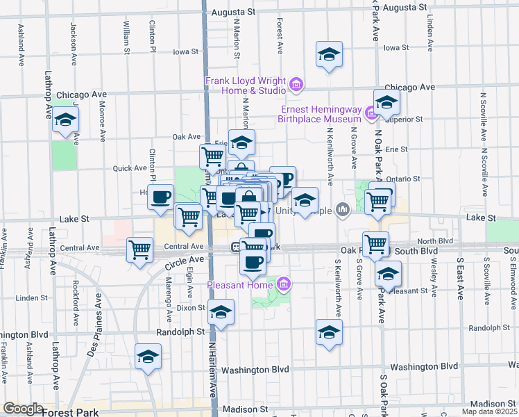 map of restaurants, bars, coffee shops, grocery stores, and more near 1048 Lake Street in Oak Park