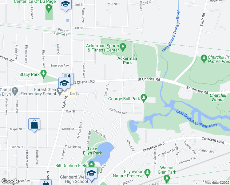 map of restaurants, bars, coffee shops, grocery stores, and more near 719 Meredith Place in Glen Ellyn