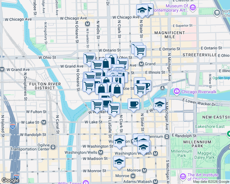 map of restaurants, bars, coffee shops, grocery stores, and more near 113 West Kinzie Street in Chicago