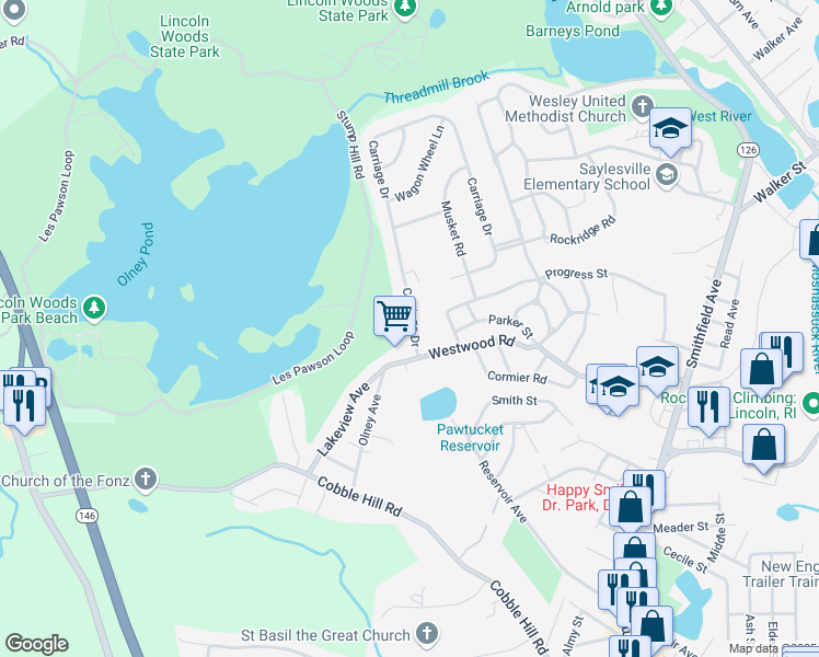 map of restaurants, bars, coffee shops, grocery stores, and more near 6 Carriage Drive in Lincoln