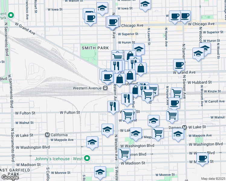 map of restaurants, bars, coffee shops, grocery stores, and more near 410 North Western Avenue in Chicago
