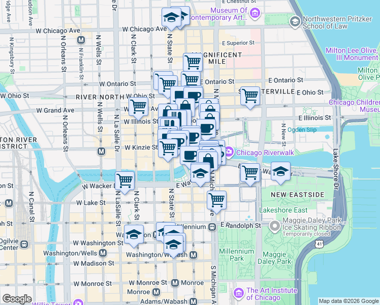 map of restaurants, bars, coffee shops, grocery stores, and more near 401 North Wabash Avenue in Chicago
