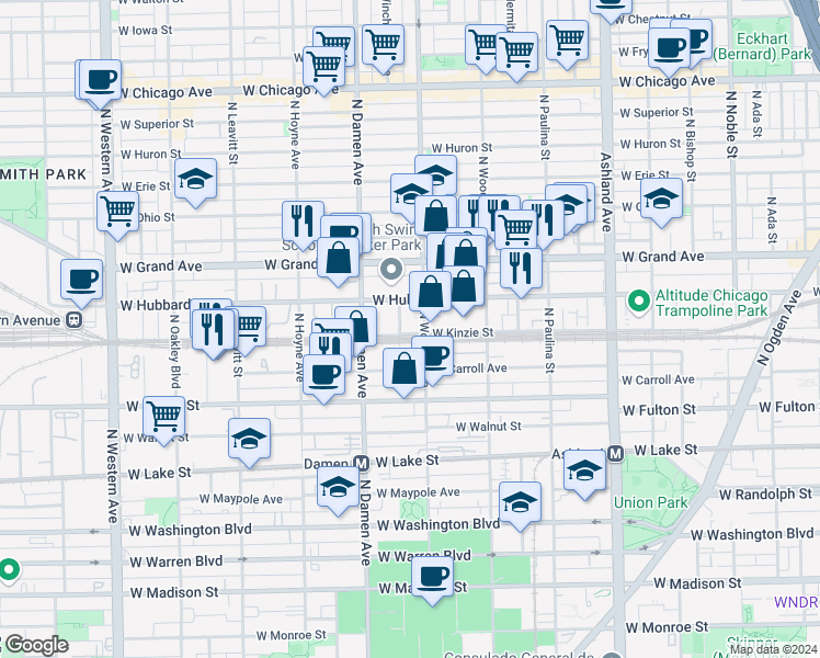 map of restaurants, bars, coffee shops, grocery stores, and more near 1900 West Kinzie Street in Chicago