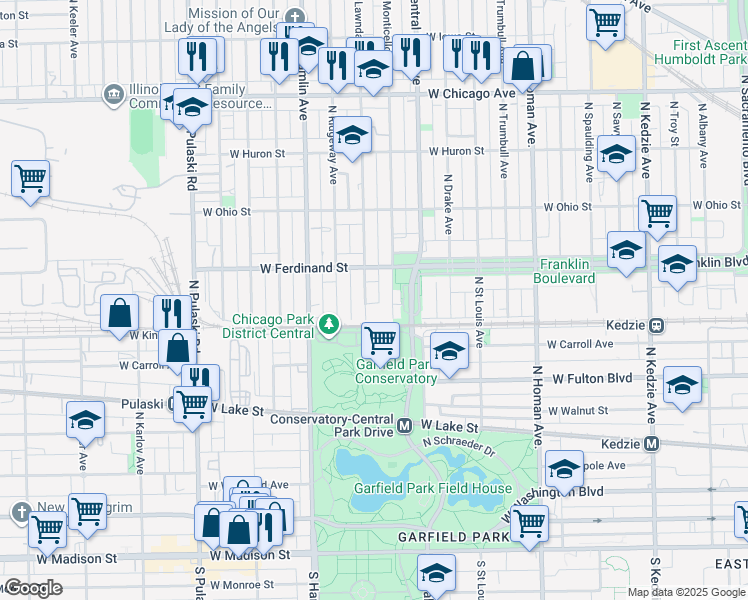 map of restaurants, bars, coffee shops, grocery stores, and more near 425 North Lawndale Avenue in Chicago