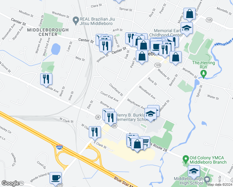 map of restaurants, bars, coffee shops, grocery stores, and more near 12 Courtland Street in Middleborough