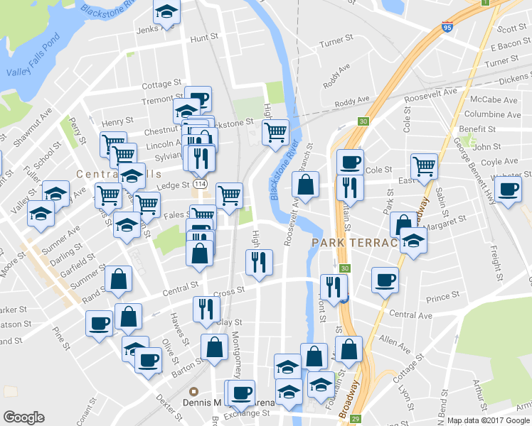 map of restaurants, bars, coffee shops, grocery stores, and more near 37 Charles Street in Central Falls