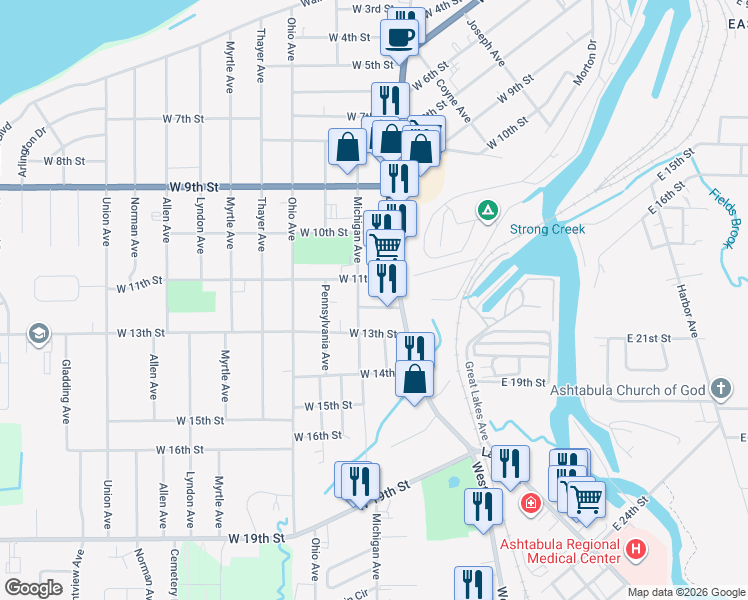 map of restaurants, bars, coffee shops, grocery stores, and more near 1620 West 11th Street in Ashtabula