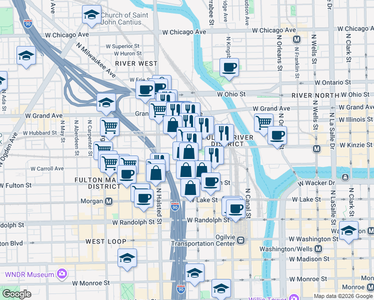 map of restaurants, bars, coffee shops, grocery stores, and more near 382 North Desplaines Street in Chicago