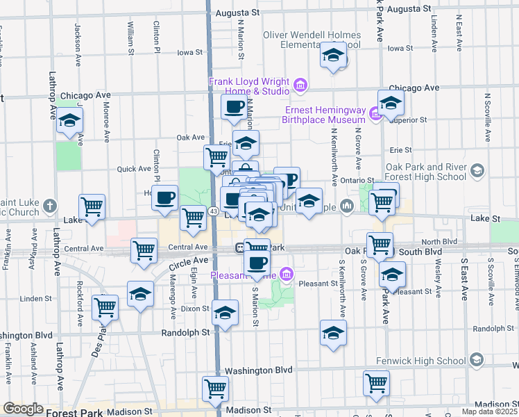 map of restaurants, bars, coffee shops, grocery stores, and more near 1048 Lake Street in Oak Park