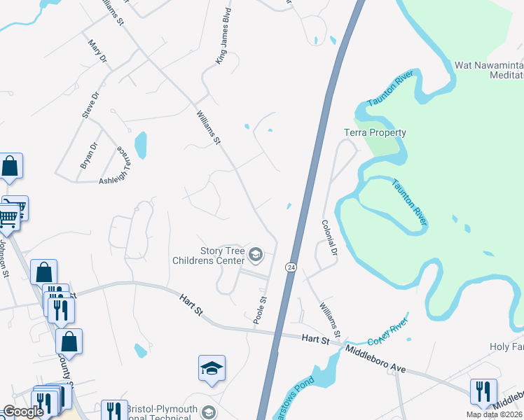 map of restaurants, bars, coffee shops, grocery stores, and more near 184 Williams Street in Taunton