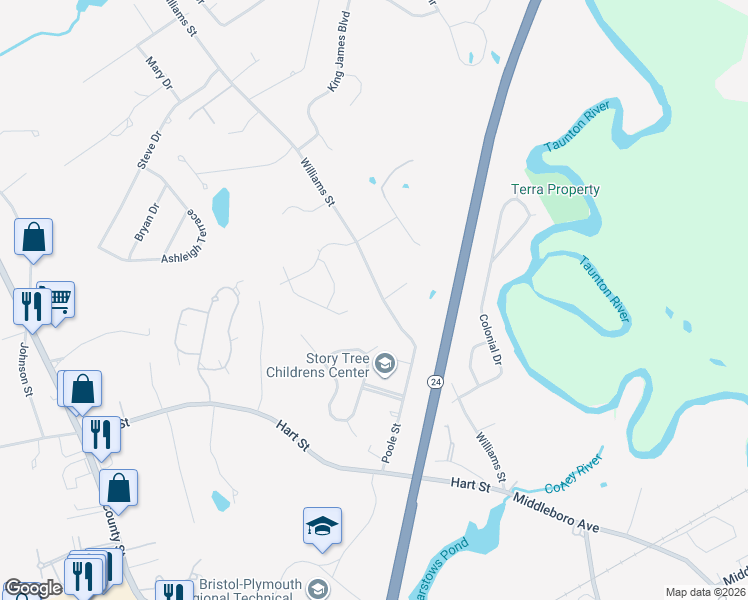 map of restaurants, bars, coffee shops, grocery stores, and more near 184 Williams Street in Taunton