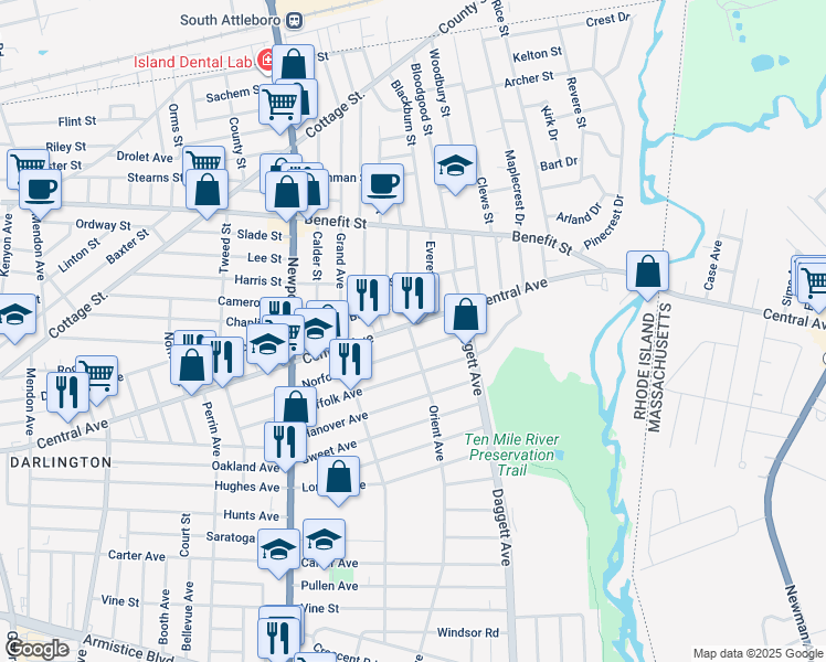 map of restaurants, bars, coffee shops, grocery stores, and more near 887 Central Avenue in Pawtucket