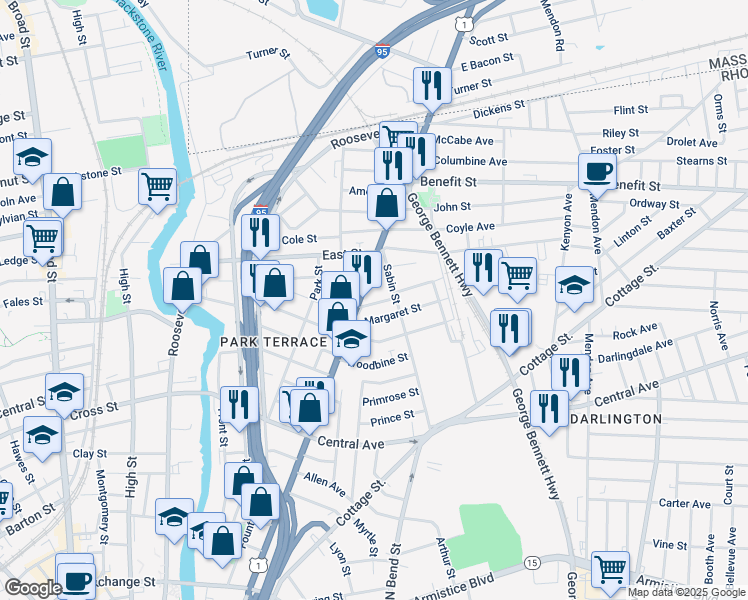 map of restaurants, bars, coffee shops, grocery stores, and more near 28 Magnolia Street in Pawtucket