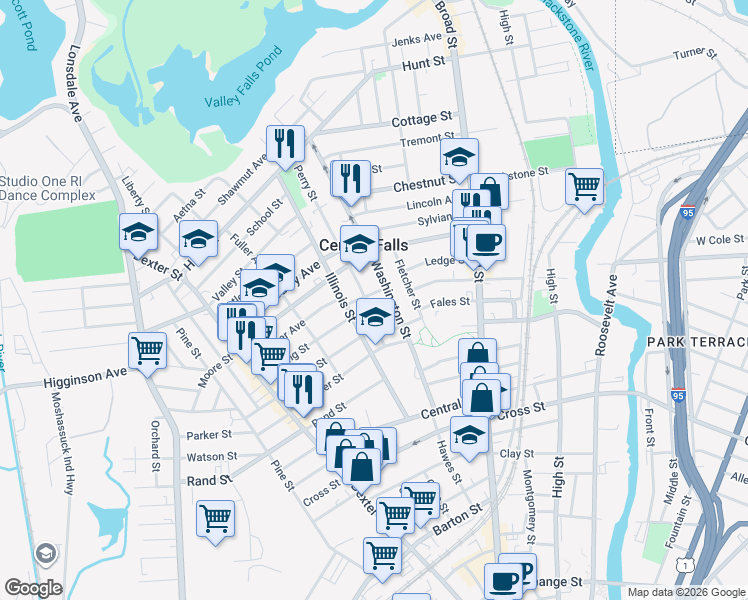map of restaurants, bars, coffee shops, grocery stores, and more near 38 Perry Street in Central Falls