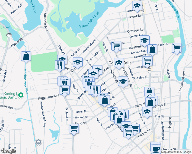 map of restaurants, bars, coffee shops, grocery stores, and more near 114 Butler Avenue in Central Falls