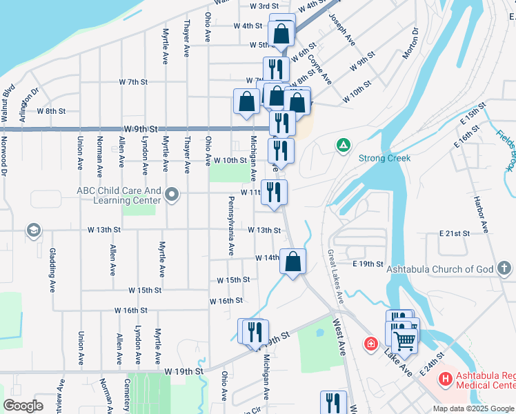 map of restaurants, bars, coffee shops, grocery stores, and more near 1620 West 11th Street in Ashtabula
