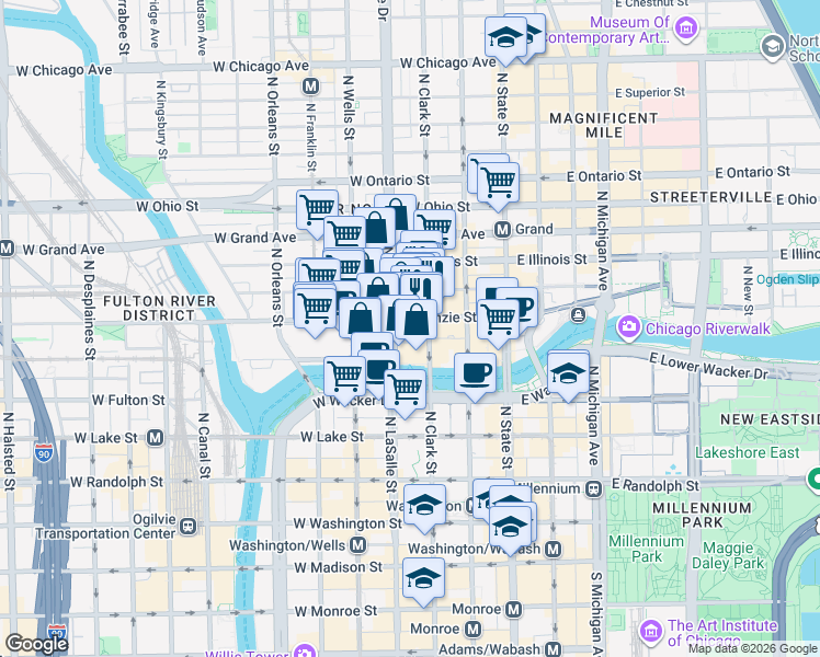 map of restaurants, bars, coffee shops, grocery stores, and more near 113 West Kinzie Street in Chicago