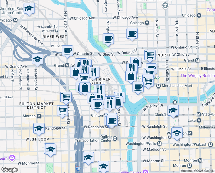 map of restaurants, bars, coffee shops, grocery stores, and more near 555 West Kinzie Street in Chicago