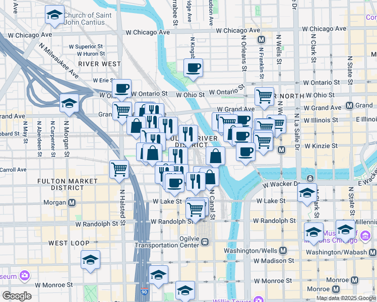 map of restaurants, bars, coffee shops, grocery stores, and more near 555 West Kinzie Street in Chicago