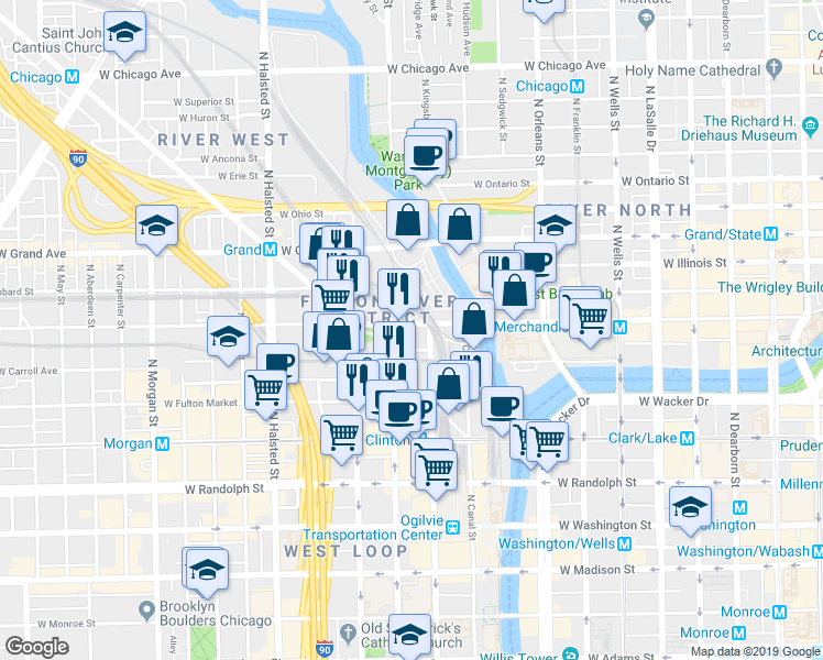 map of restaurants, bars, coffee shops, grocery stores, and more near 555 West Kinzie Street in Chicago
