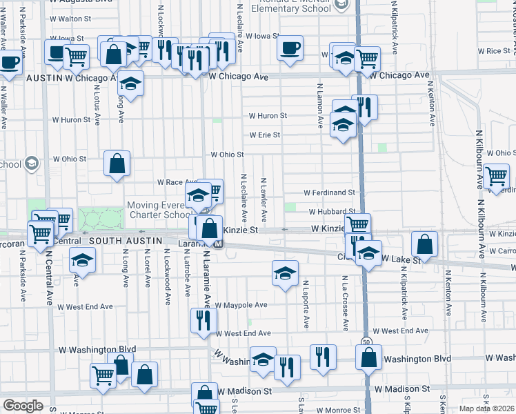 map of restaurants, bars, coffee shops, grocery stores, and more near 439 North Lawler Avenue in Chicago