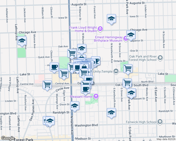 map of restaurants, bars, coffee shops, grocery stores, and more near 1048 Lake Street in Oak Park