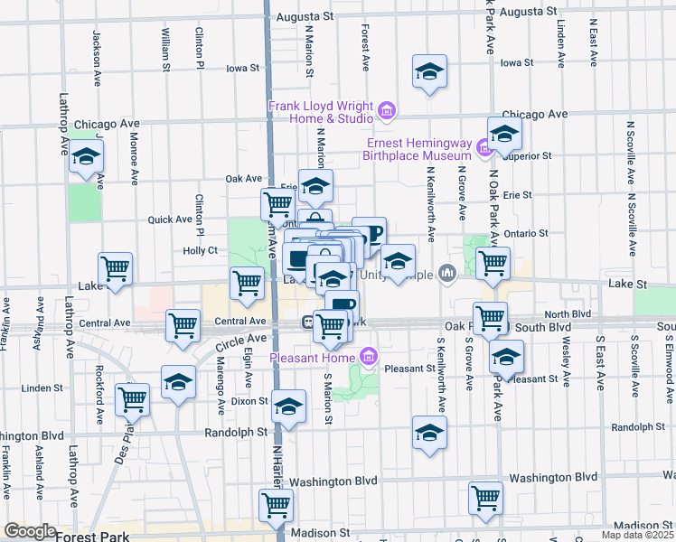 map of restaurants, bars, coffee shops, grocery stores, and more near 1048 Lake Street in Oak Park