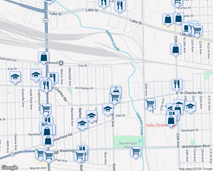 map of restaurants, bars, coffee shops, grocery stores, and more near 201 Rice Avenue in Bellwood