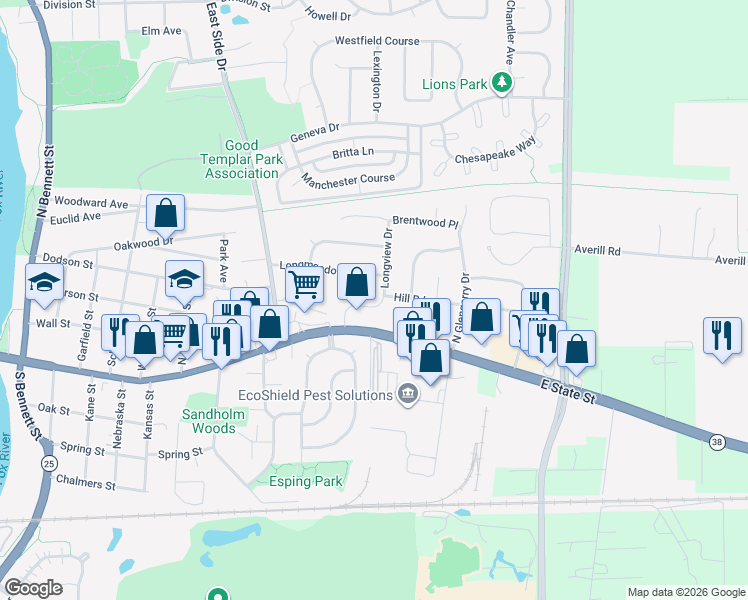 map of restaurants, bars, coffee shops, grocery stores, and more near 220 Longview Drive in Geneva