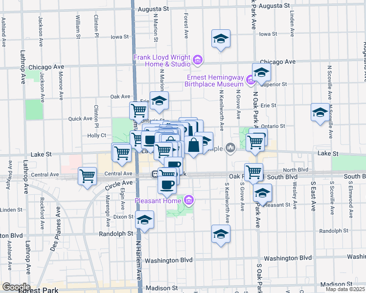 map of restaurants, bars, coffee shops, grocery stores, and more near 1010 Lake Street in Oak Park