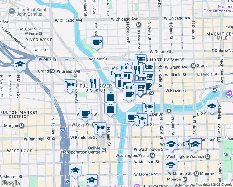 map of restaurants, bars, coffee shops, grocery stores, and more near 451 Kinzie Street in Chicago