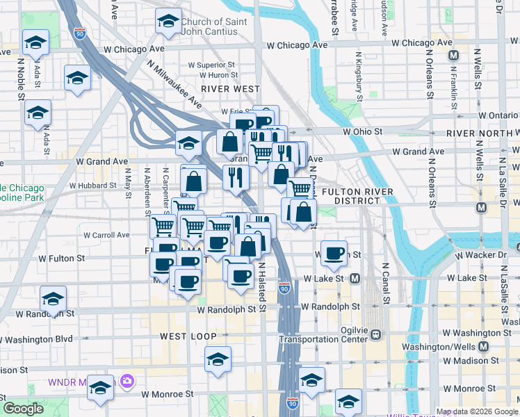 map of restaurants, bars, coffee shops, grocery stores, and more near 374 North Halsted Street in Chicago