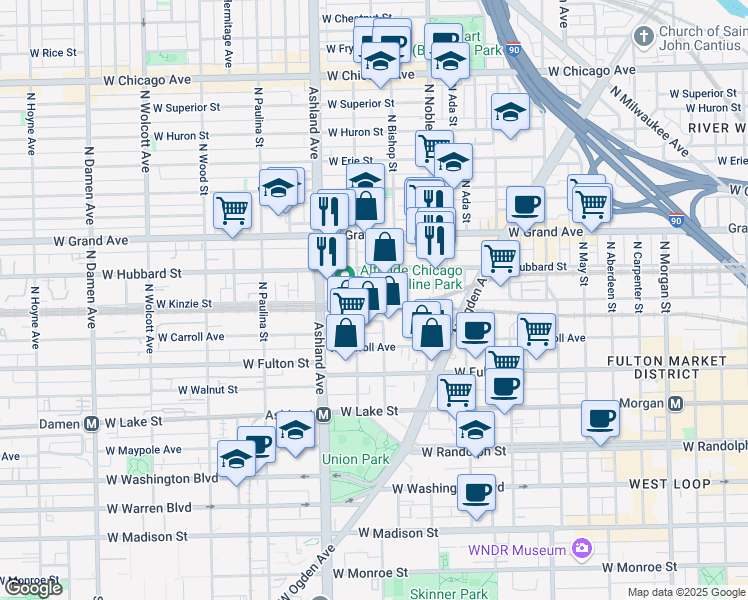 map of restaurants, bars, coffee shops, grocery stores, and more near 1466 West Kinzie Street in Chicago