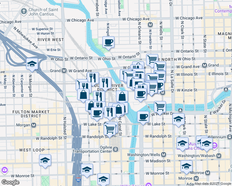 map of restaurants, bars, coffee shops, grocery stores, and more near 517 West Kinzie Street in Chicago