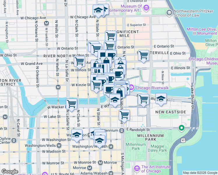 map of restaurants, bars, coffee shops, grocery stores, and more near 1782 East Kinzie Street in Chicago