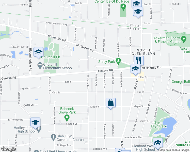 map of restaurants, bars, coffee shops, grocery stores, and more near 426 Elm Street in Glen Ellyn