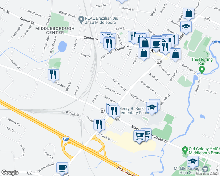 map of restaurants, bars, coffee shops, grocery stores, and more near 17 Court End Avenue in Middleborough