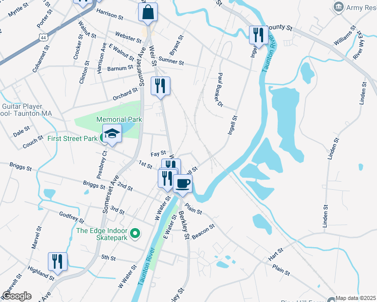 map of restaurants, bars, coffee shops, grocery stores, and more near 15 Weir Avenue in Taunton