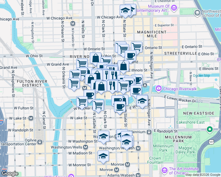map of restaurants, bars, coffee shops, grocery stores, and more near 353 North Clark Street in Chicago