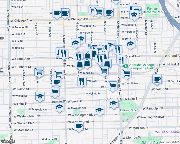 map of restaurants, bars, coffee shops, grocery stores, and more near 406 North Wood Street in Chicago